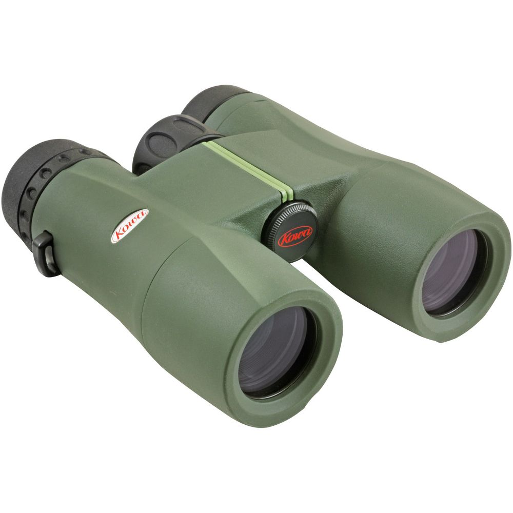 Binocolo Kowa verde con tappi neri e rotella di messa a fuoco verde.