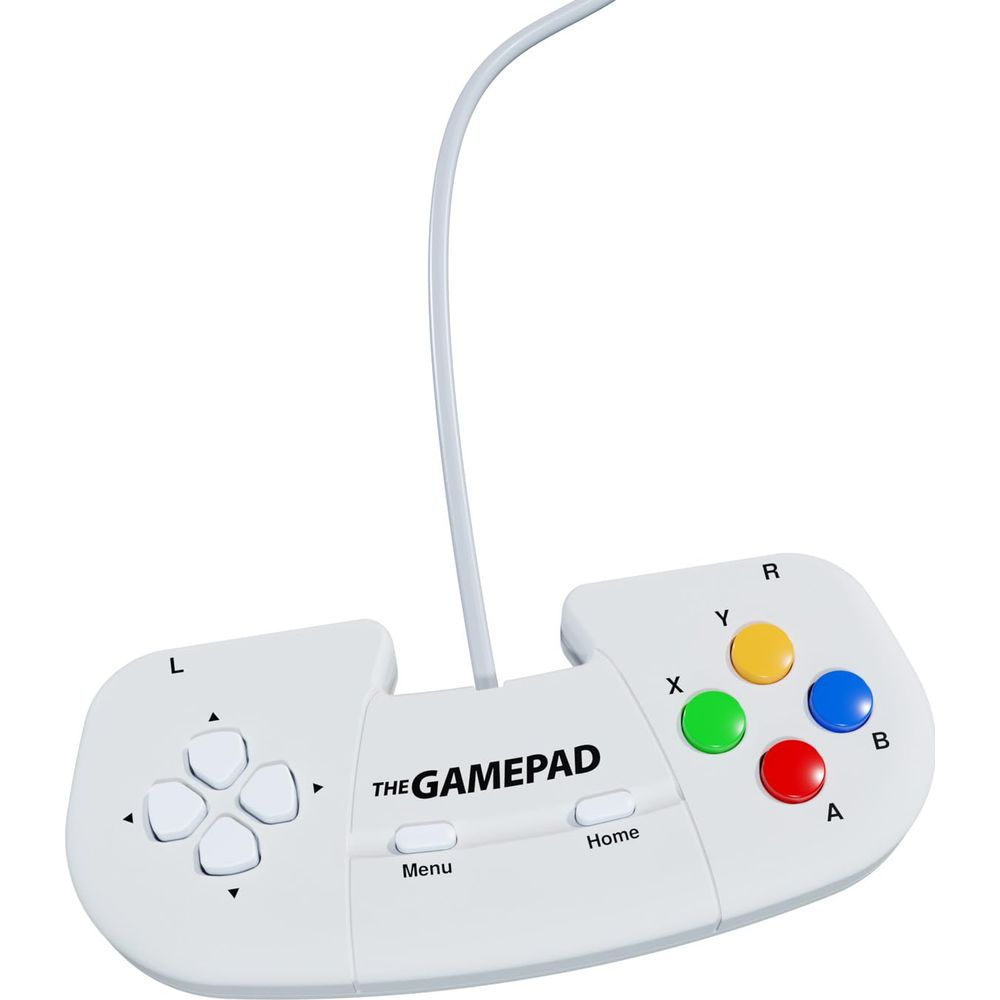 Un controller per videogiochi bianco con cavo bianco. Ha un D-pad e quattro pulsanti colorati.