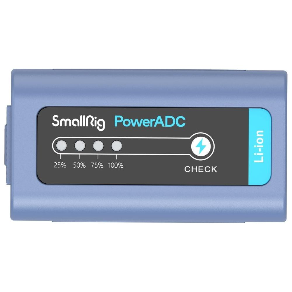 Un dispositivo SmallRig PowerADC blu con indicatori di carica e etichetta Li-ion.