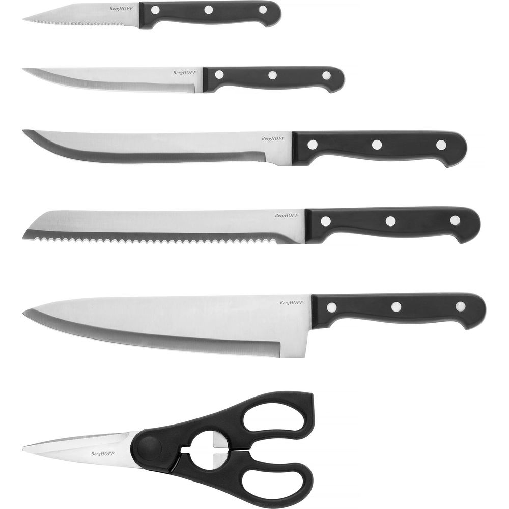 Five knives and kitchen shears with black handles, displayed on a white background.