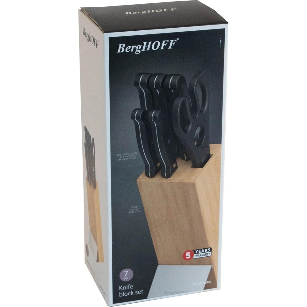BergHOFF 7-piece knife block set with black handled knives.
