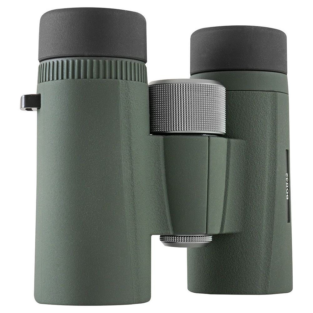 Binocolo verde con tappi neri e rotella di messa a fuoco argentata.