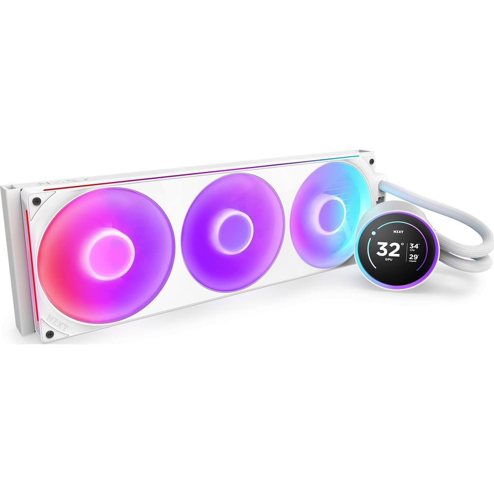 Un enfriador de PC blanco con tres ventiladores RGB y una pantalla redonda.