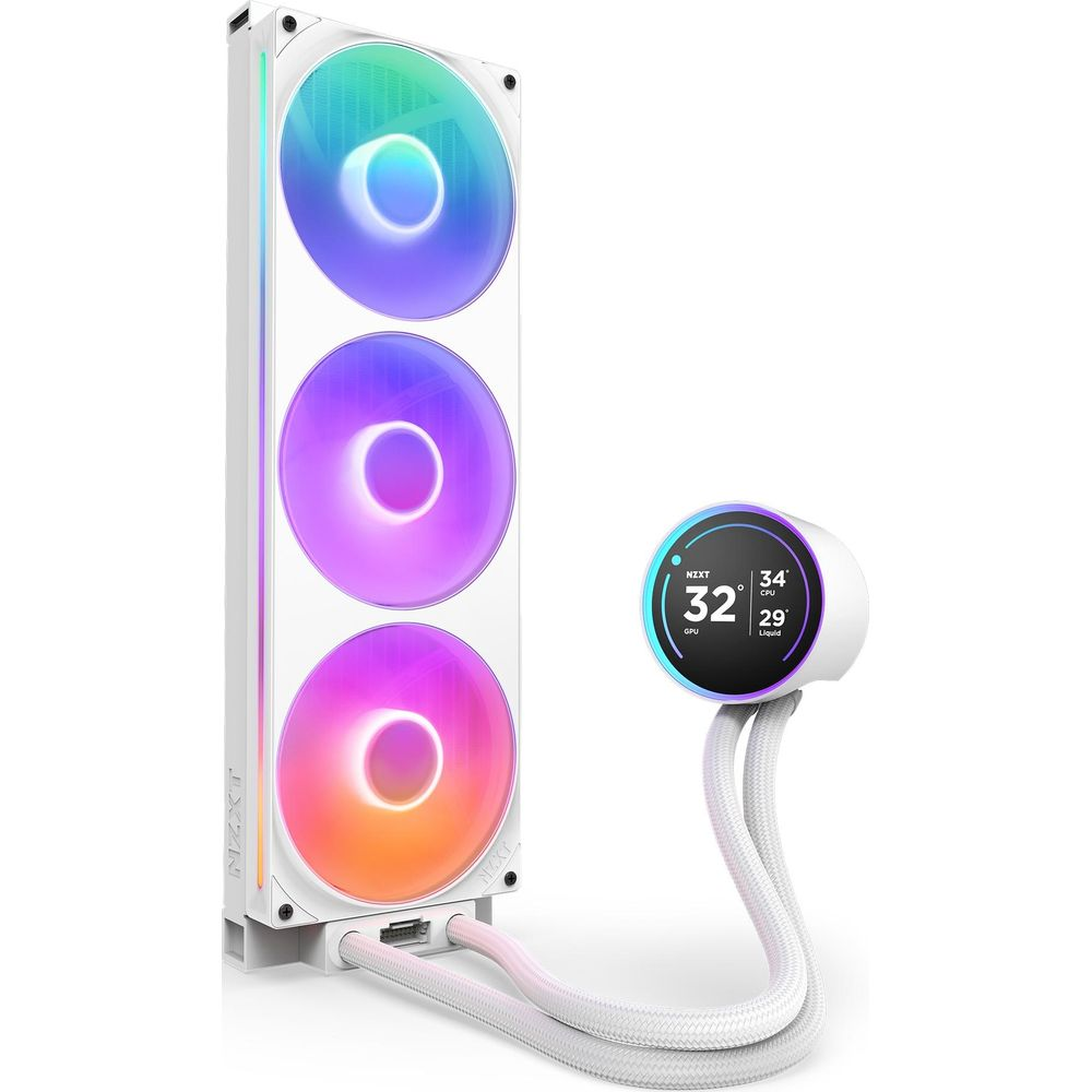 Un enfriador de PC blanco con tres ventiladores RGB y una pantalla LCD redonda con datos de temperatura.
