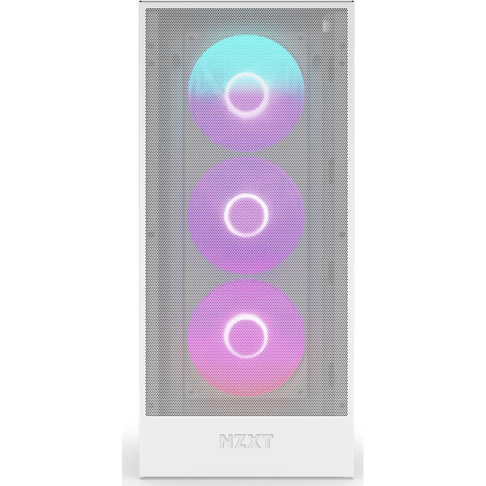 Una caja de computadora blanca con tres ventiladores iluminados en azul, morado y rosa.