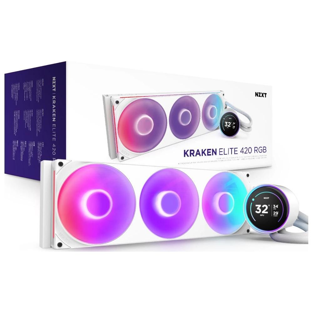 Refrigerador AIO NZXT Kraken Elite 420 RGB con tres ventiladores y pantalla digital.