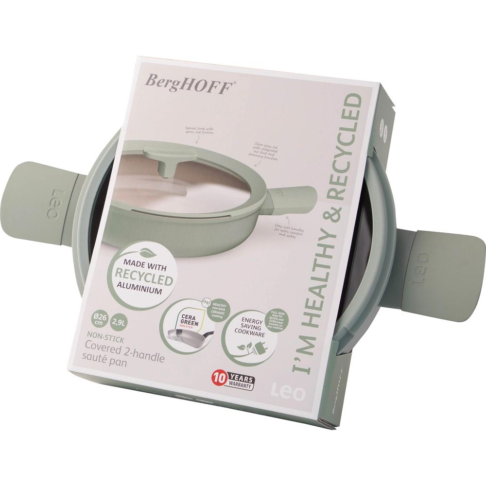 A light green non-stick covered sauté pan made from recycled aluminum.