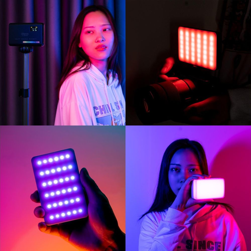 Four images showing a woman and LED lights in various colors.