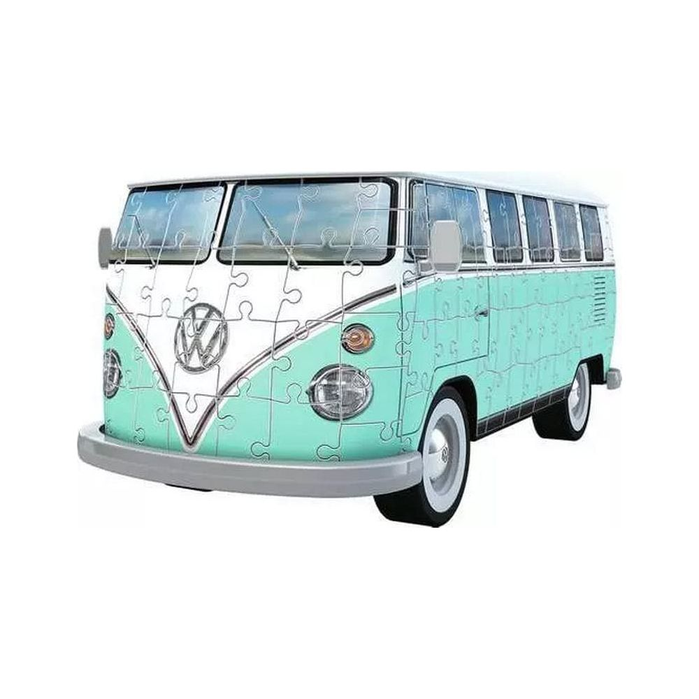 Ein 3D-Puzzle im Stil eines türkisfarbenen und weißen VW-Busses.