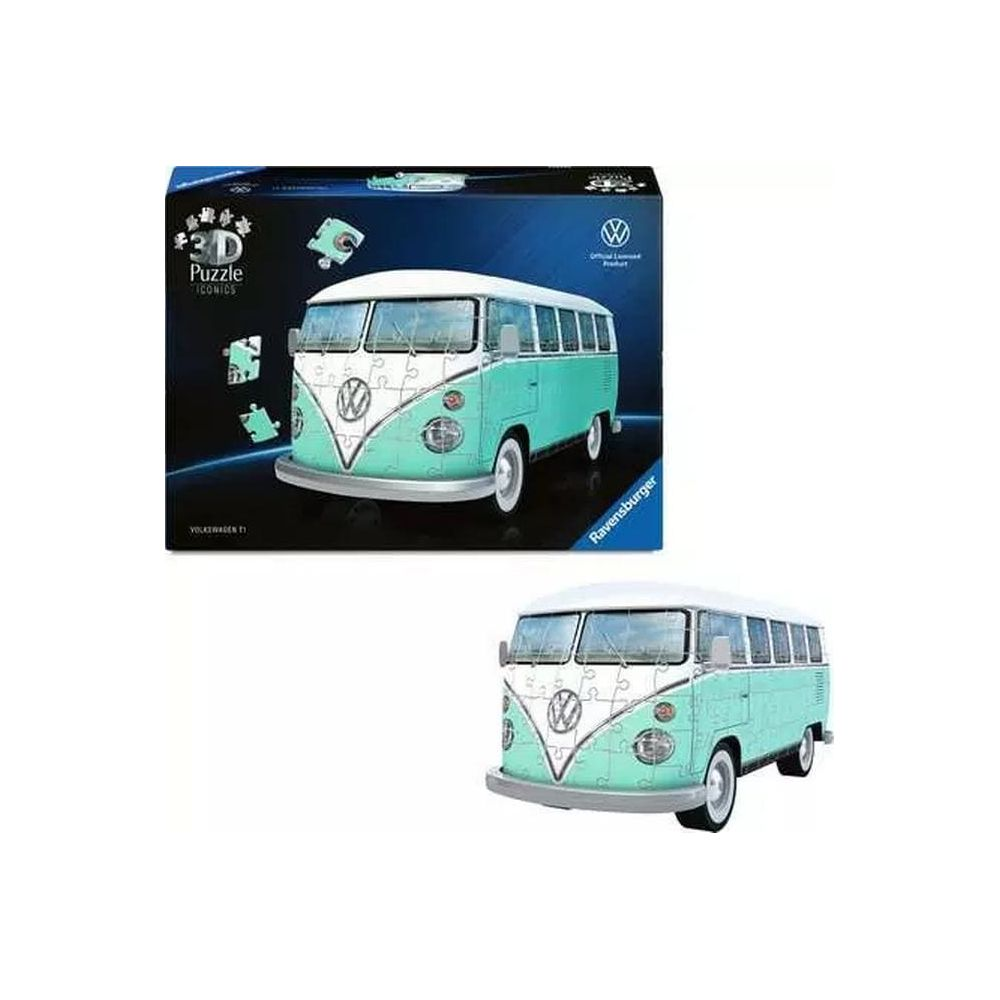 3D-Puzzle eines türkisfarbenen VW-Busses mit weißem Dach und Felgen.