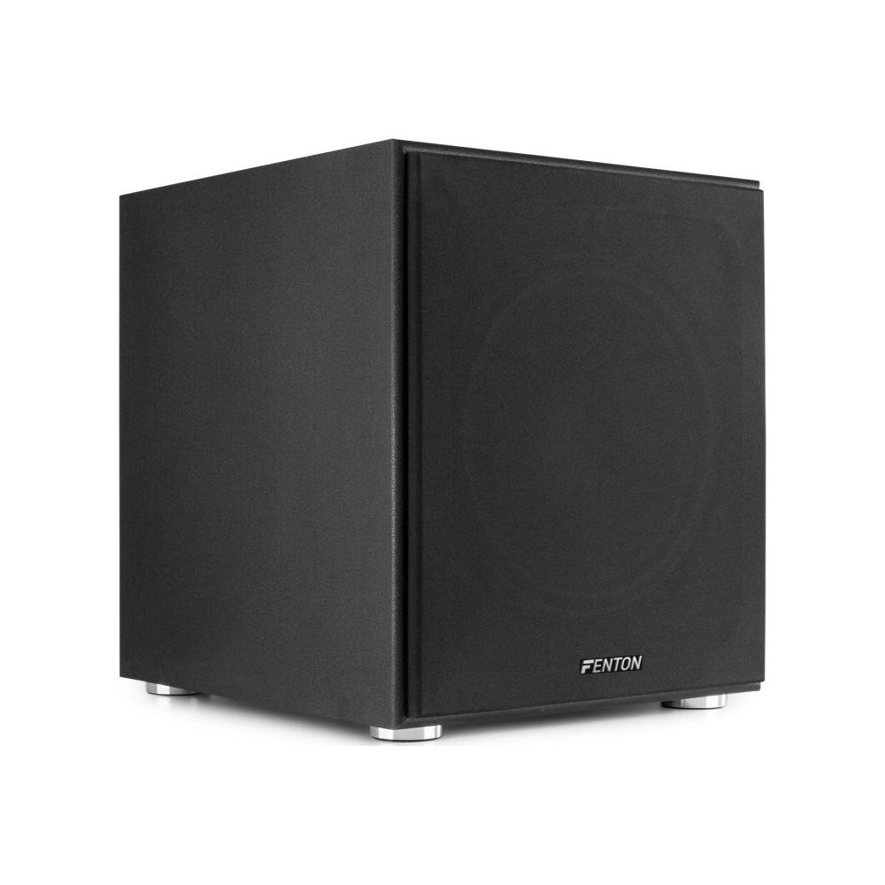 Subwoofer negro con pies plateados y logo FENTON.