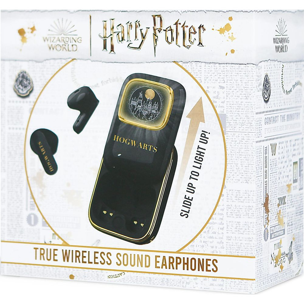 Słuchawki True Wireless Harry Potter Hogwarts z etui. Czarny design ze złotem.