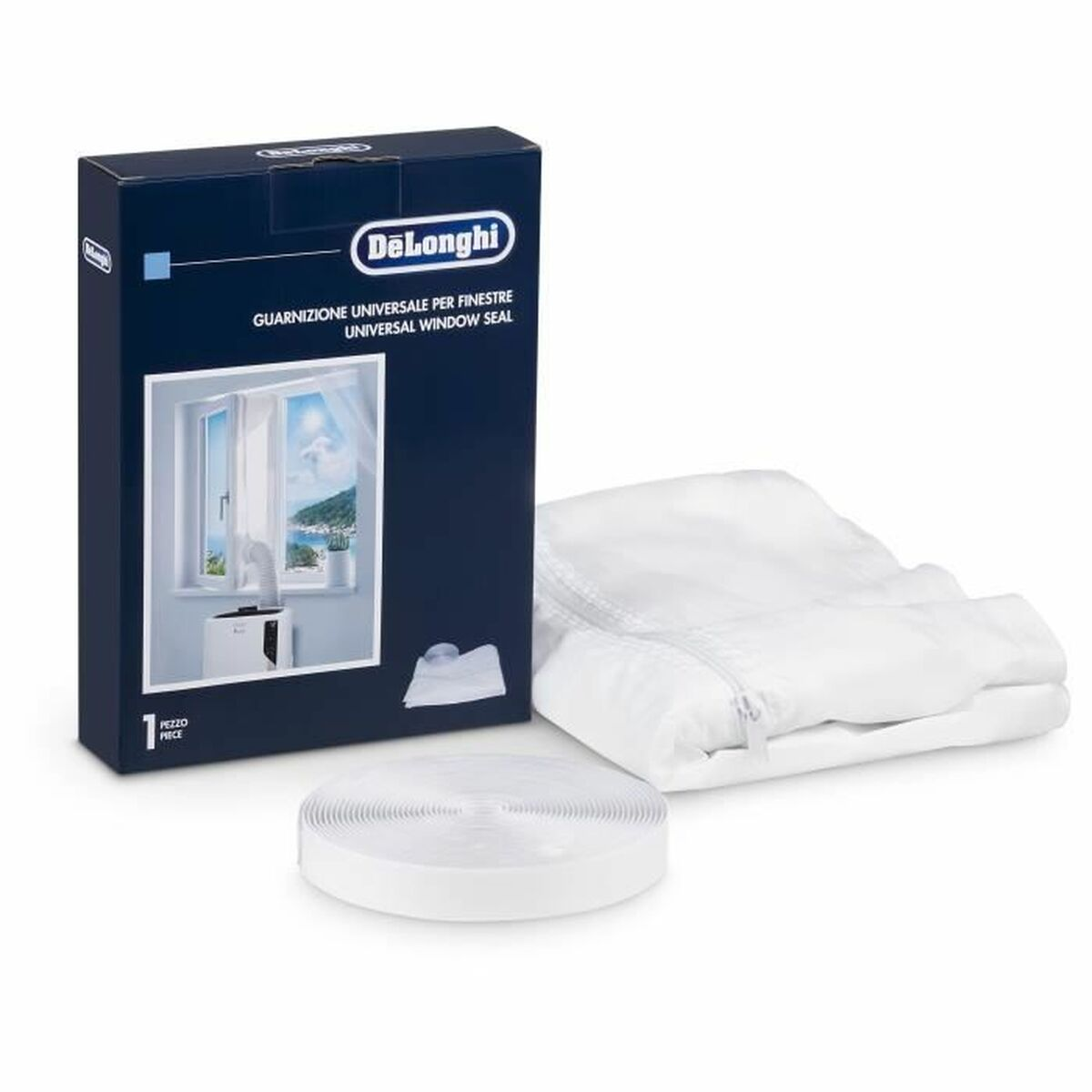 Sello de ventana DeLonghi: caja, sello de tela y rollo blanco.
