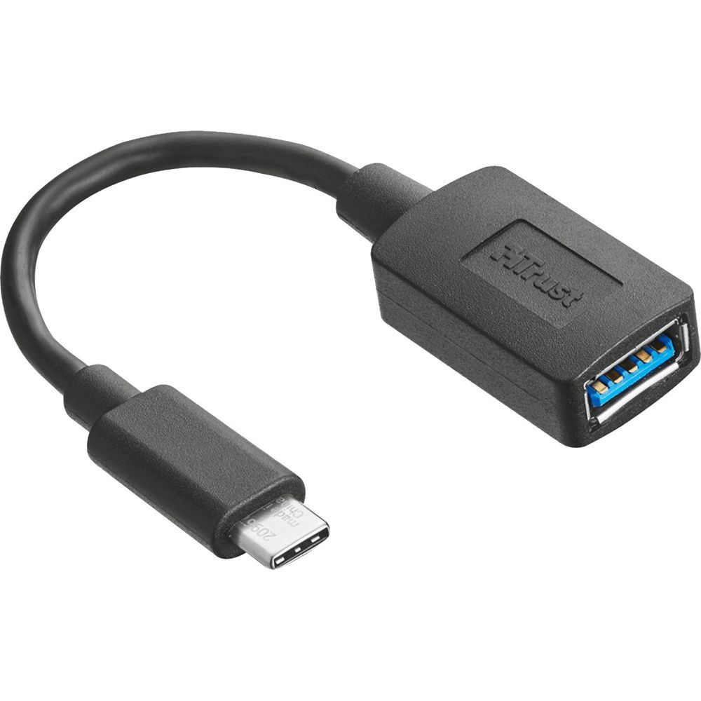 Ein schwarzer USB-C-zu-USB-A-Adapterkabel mit Trust-Logo.