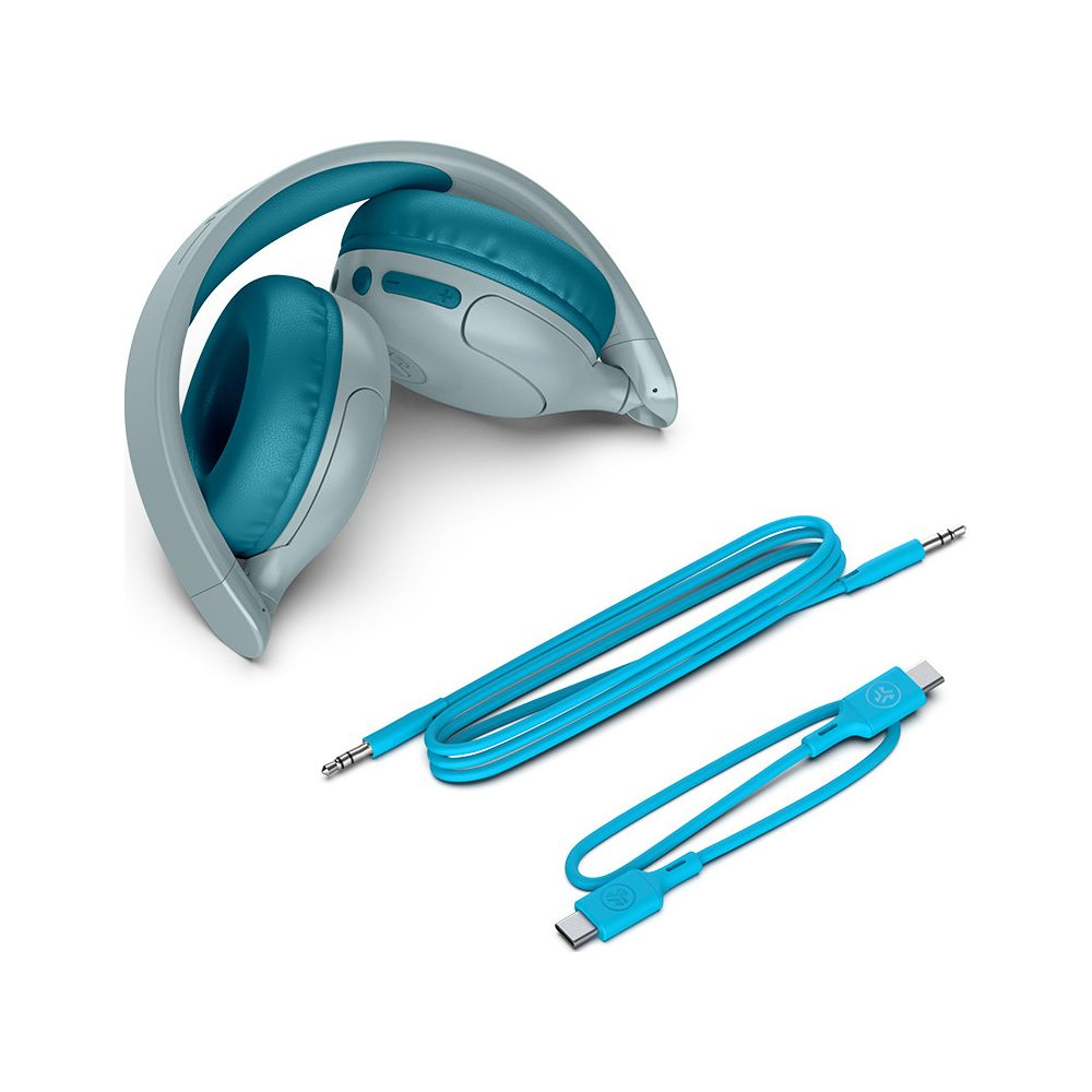 Casque pliable gris avec oreillettes turquoise et câbles bleus.