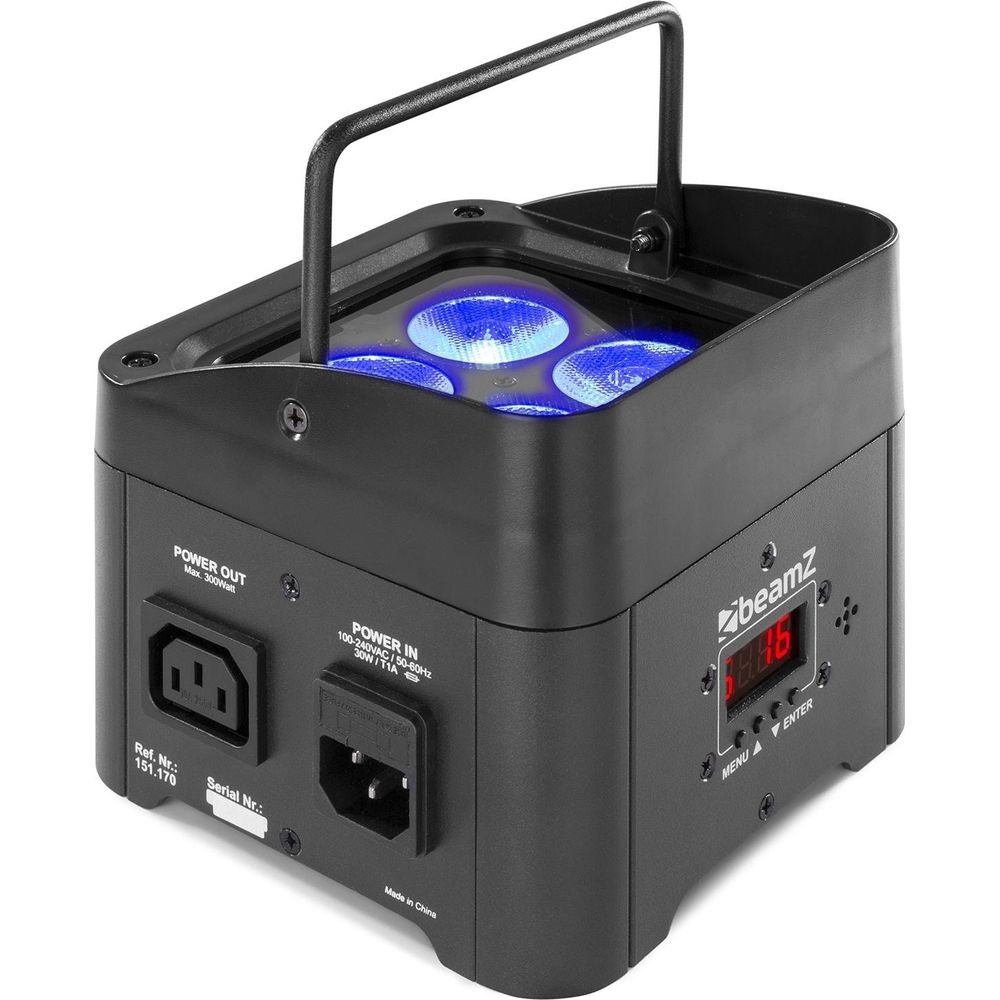 Efecto de luz negro con cuatro LEDs azules, asa y pantalla.