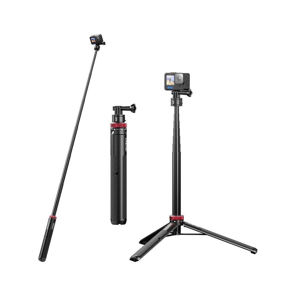 Trzy czarne akcesoria do kamery: kijek do selfie, uchwyt i statyw, każdy z GoPro.
