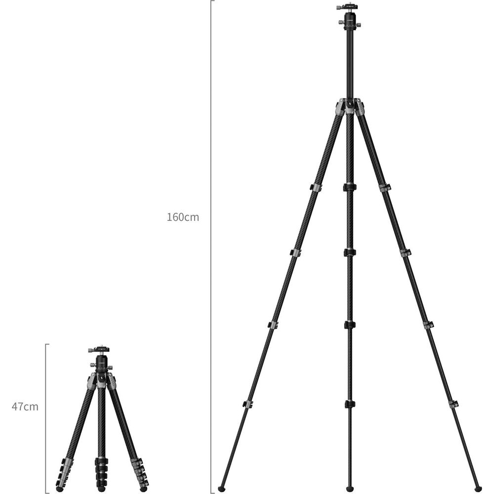 Carbon fiber tripod shown at 160cm and 47cm heights.
