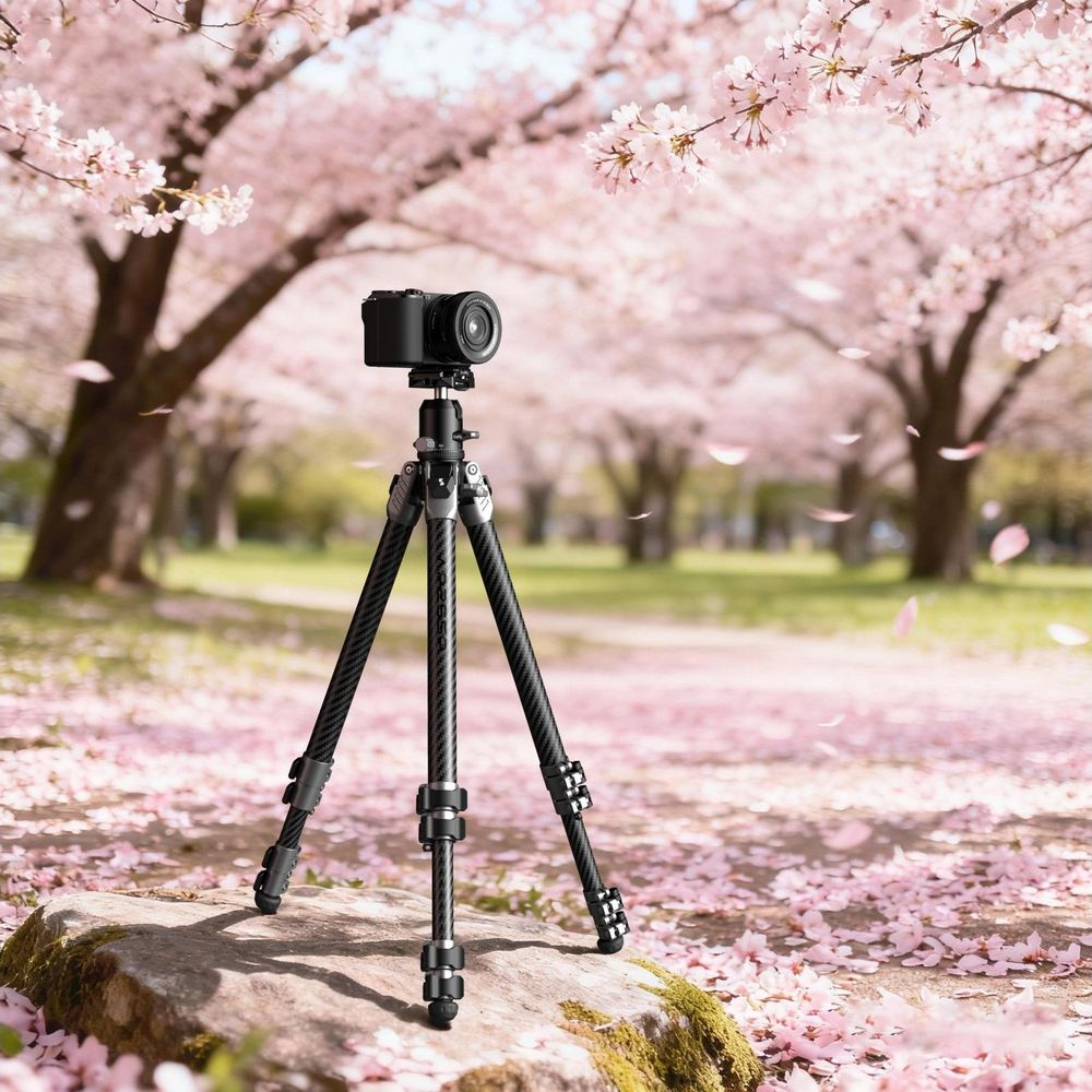 A camera on a tripod stands in the foreground, surrounded by cherry blossoms.