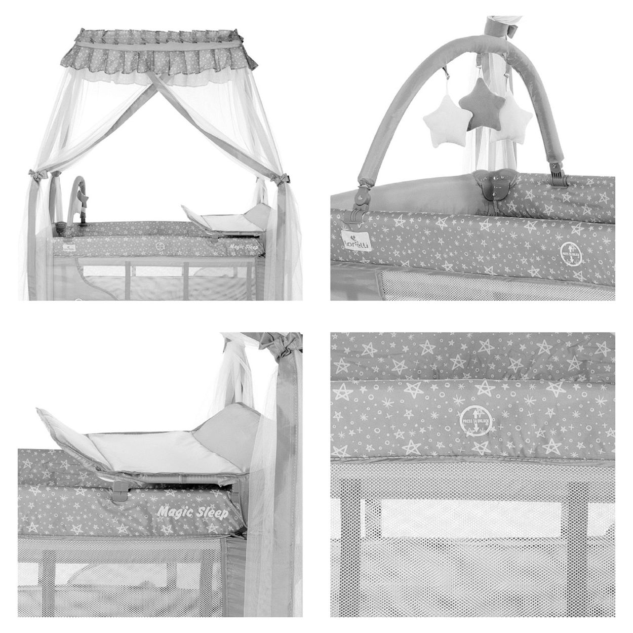 Ein Babybett mit Sternenmuster und Baldachin, Wickelauflage und Spielzeugbügel.