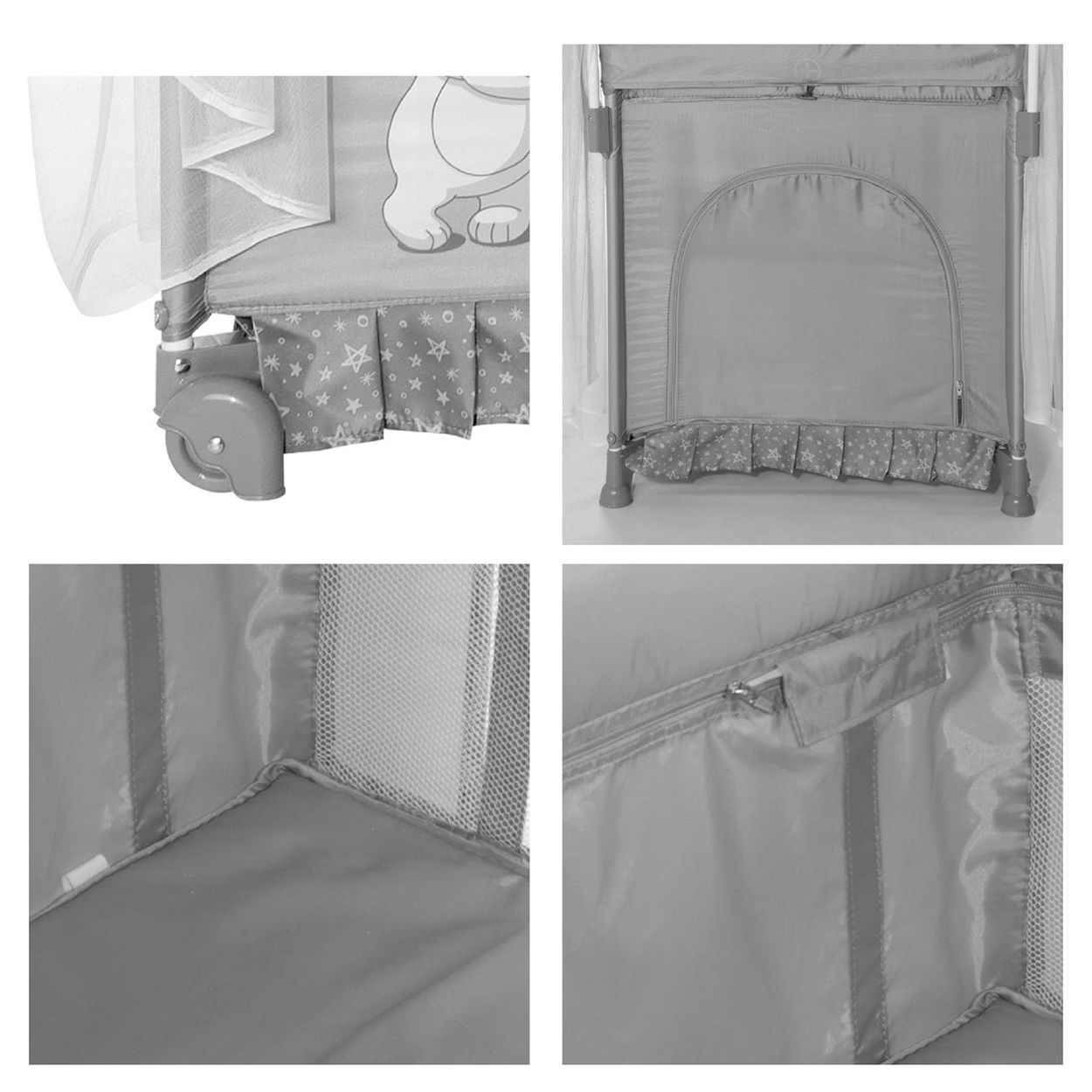 Graues Babybett mit Sternenmuster, Reißverschluss und Elefantenmotiv.