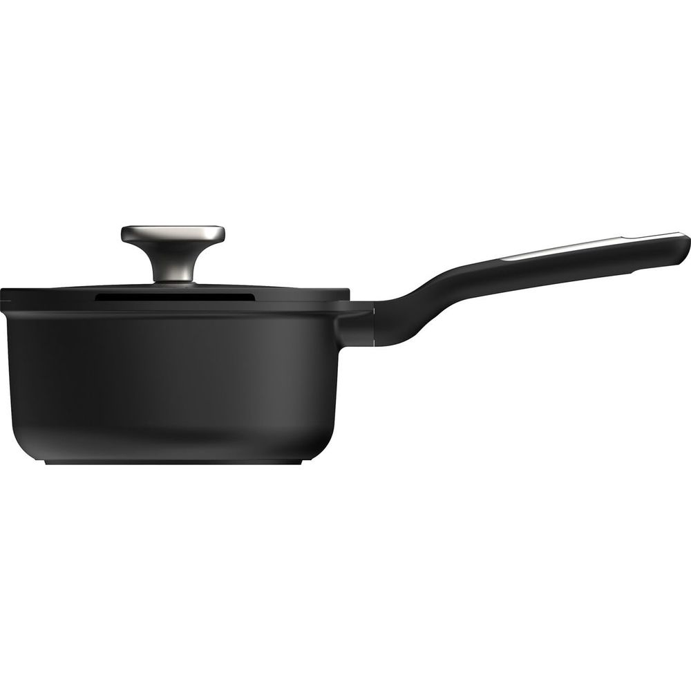 Black saucepan with lid and long handle on a white background.