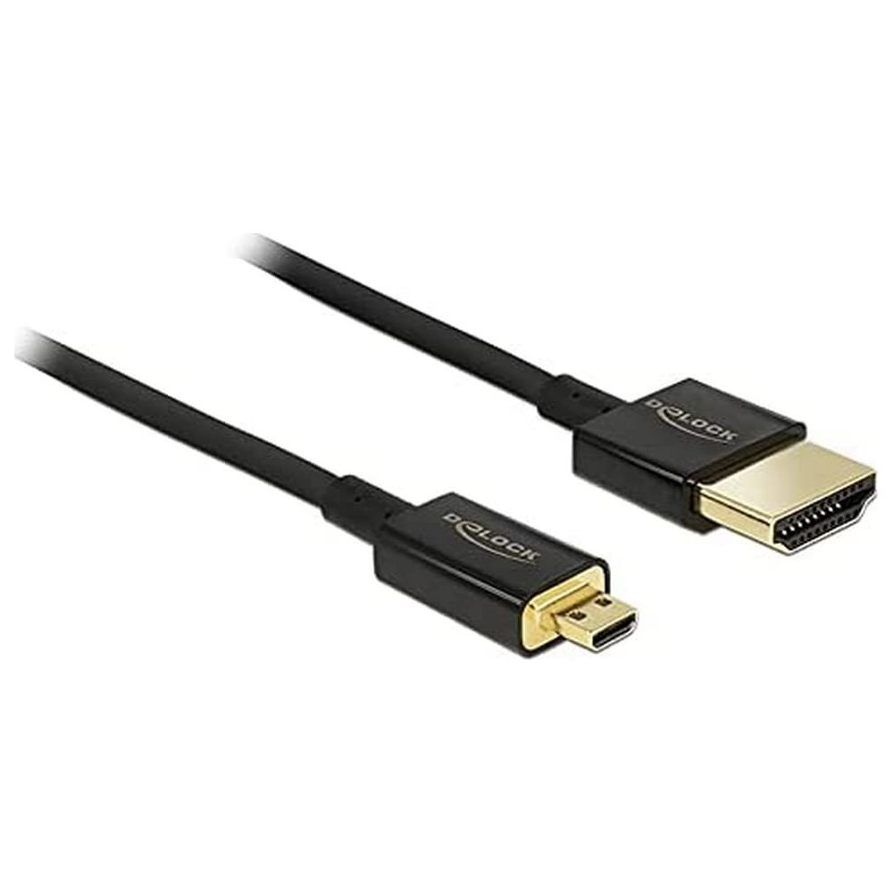 Schwarzes Delock Kabel mit HDMI und Micro HDMI Anschlüssen auf weißem Grund.