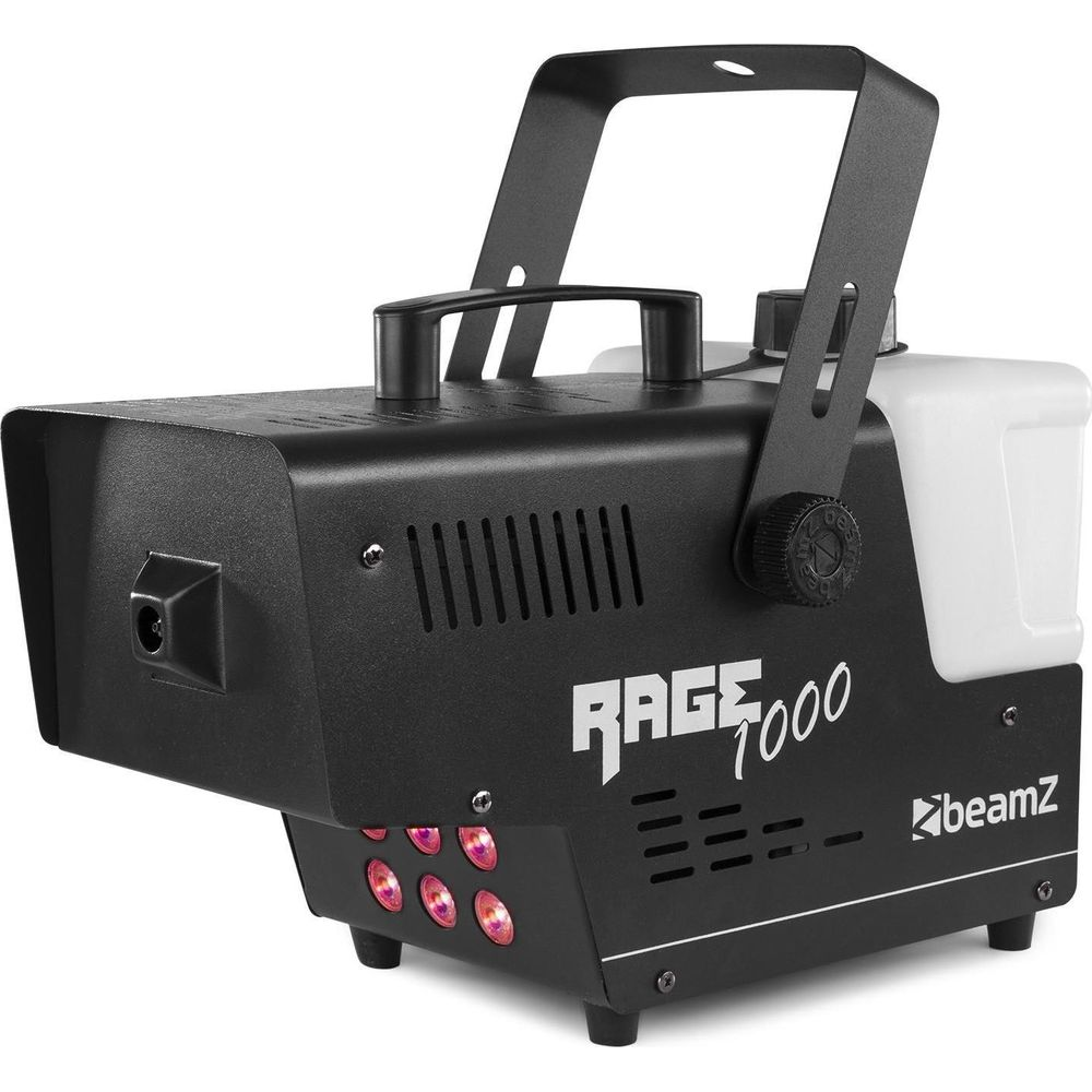 Máquina de humo negra con asa, depósito y luces rojas.