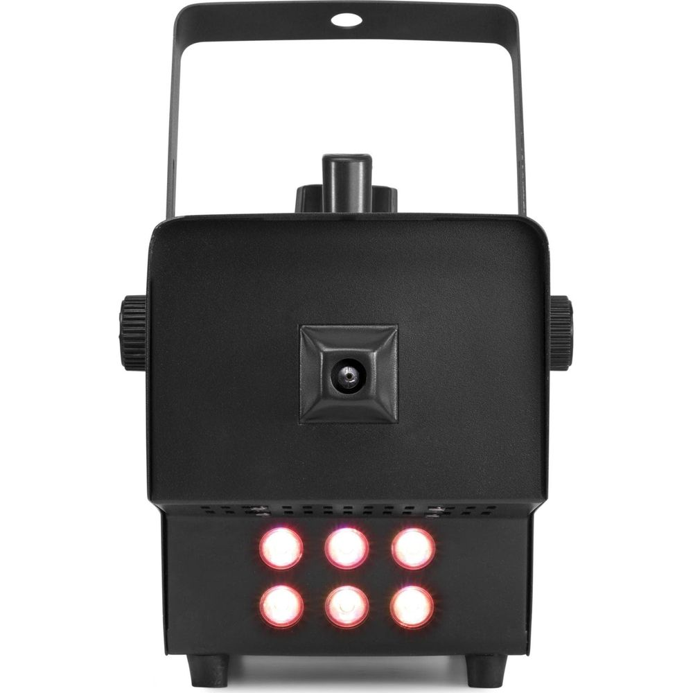 Máquina de humo negra con asa y seis luces rojas abajo.