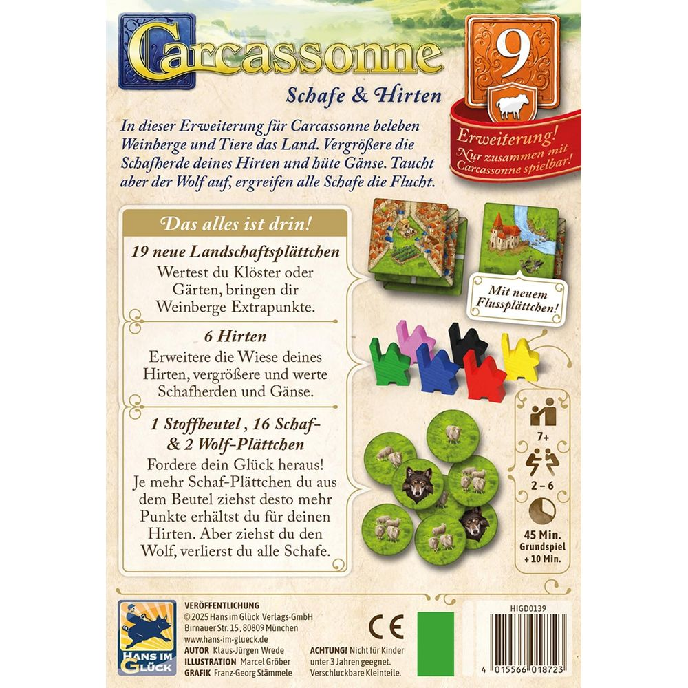 Scatola del gioco Carcassonne Pecore & Pastori. Mostra pezzi, tessere e una borsa.