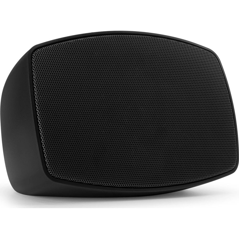 Un altavoz rectangular negro con esquinas redondeadas sobre fondo blanco.