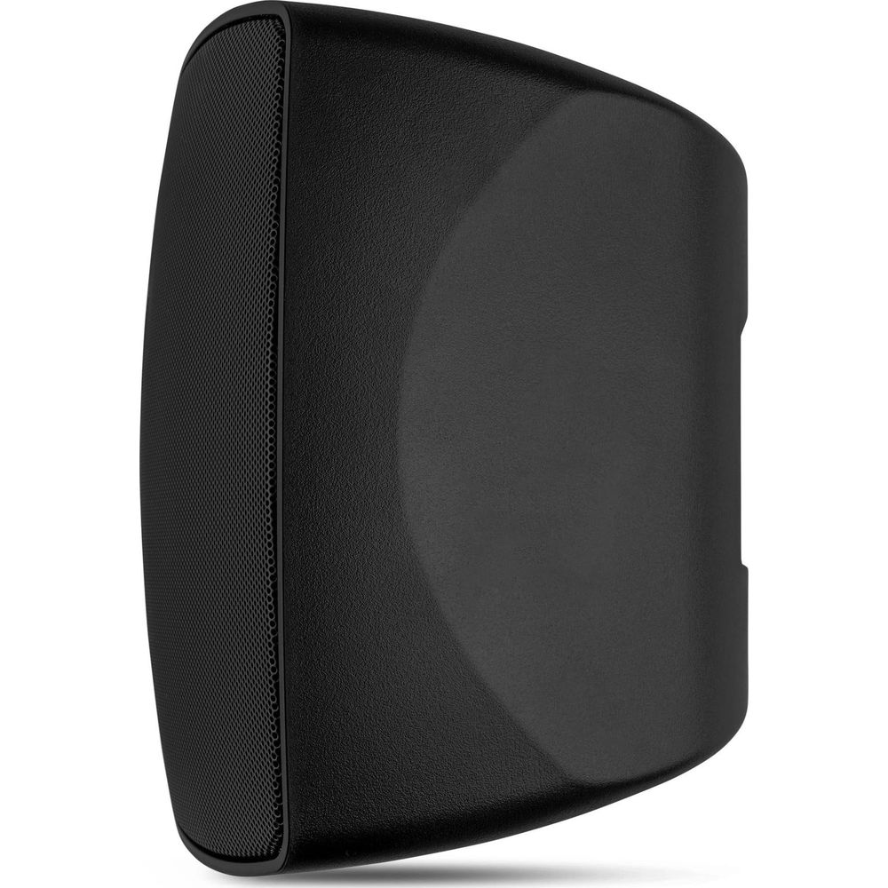 Altavoz negro con rejilla en el lado izquierdo, sobre fondo blanco.