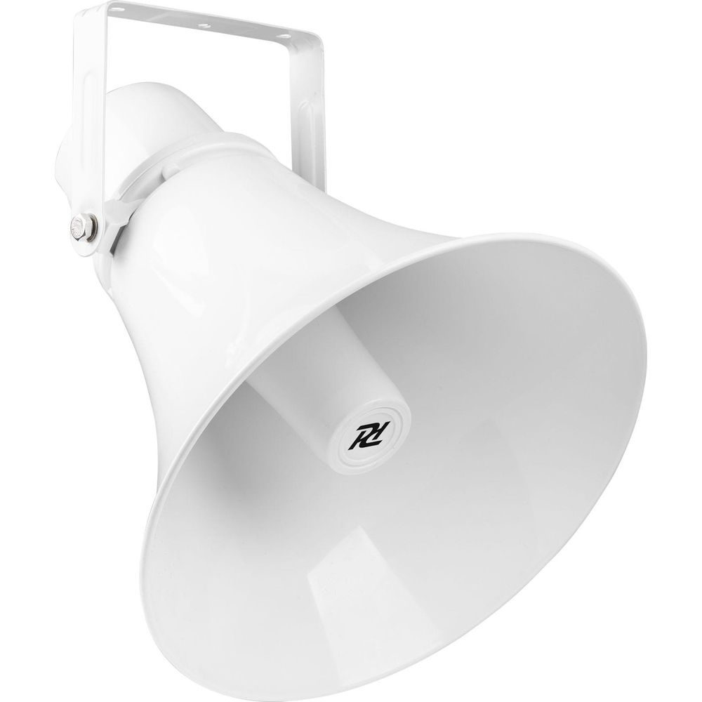 Un altavoz de bocina blanco con un logo negro y un soporte de montaje.