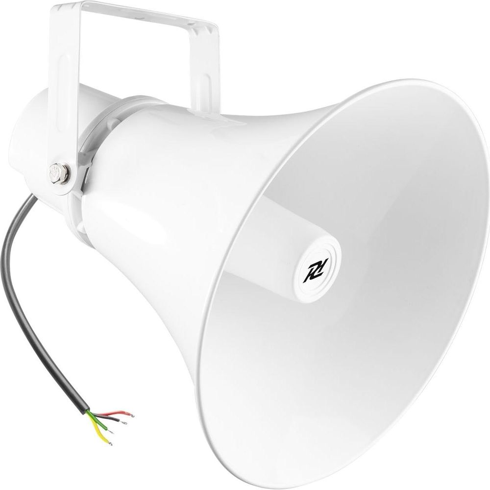 Altavoz de trompeta blanco con logo negro y cables.