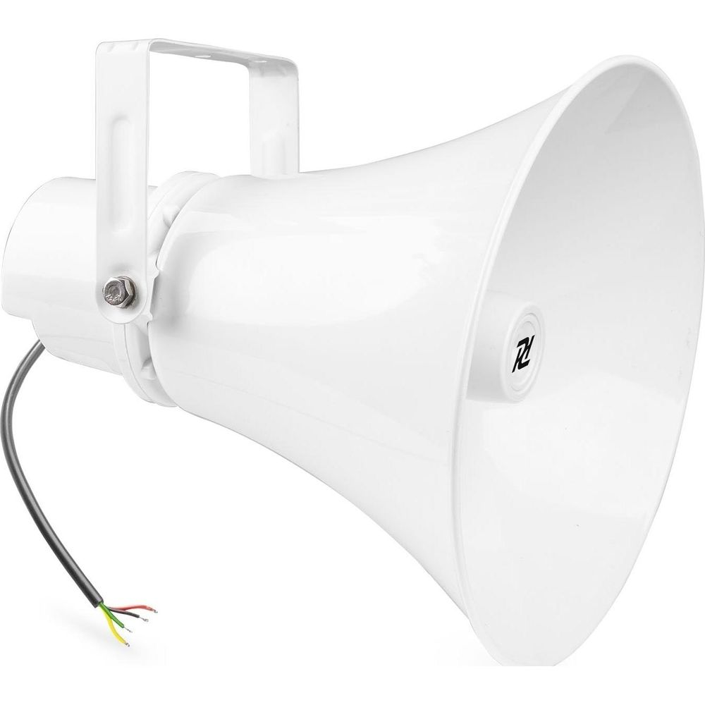 Un altavoz de bocina blanco con logo negro y tres cables.