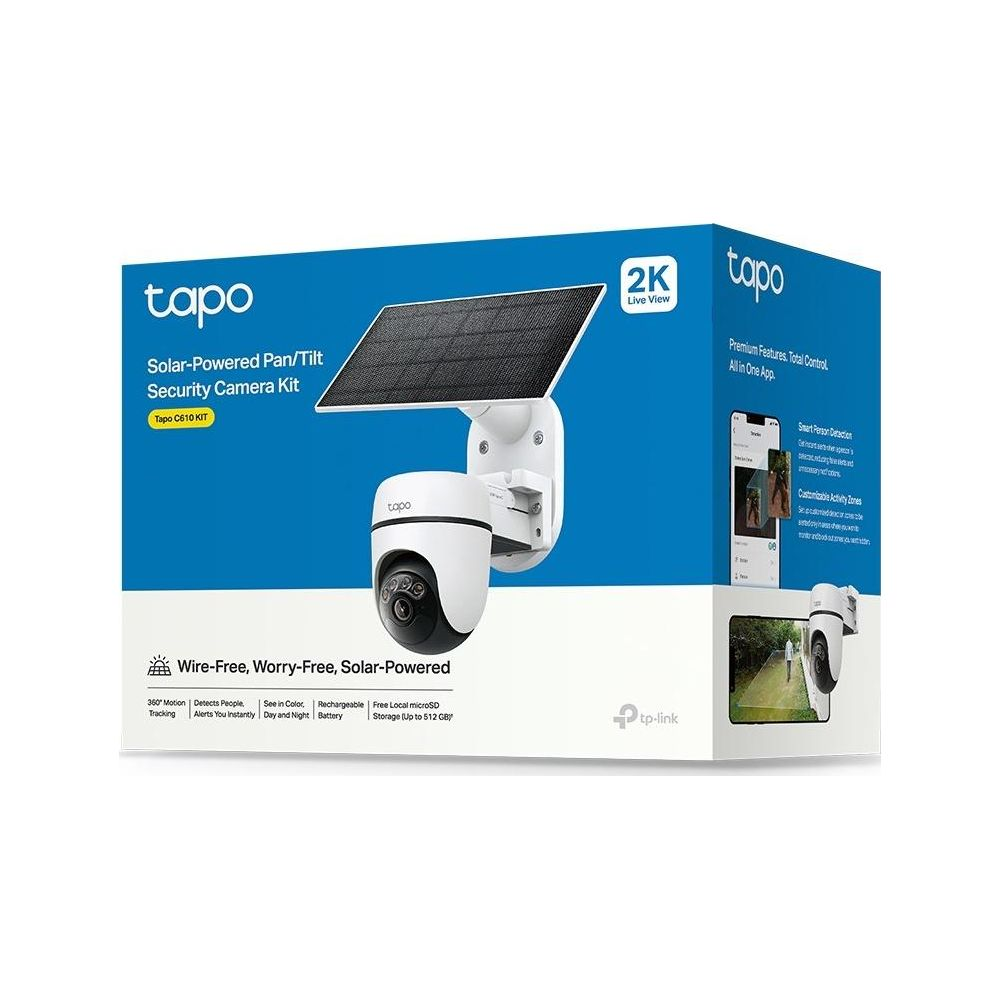 Tapo Solar-Powered Pan/Tilt Sicherheitskamera-Kit auf blauem Karton.
