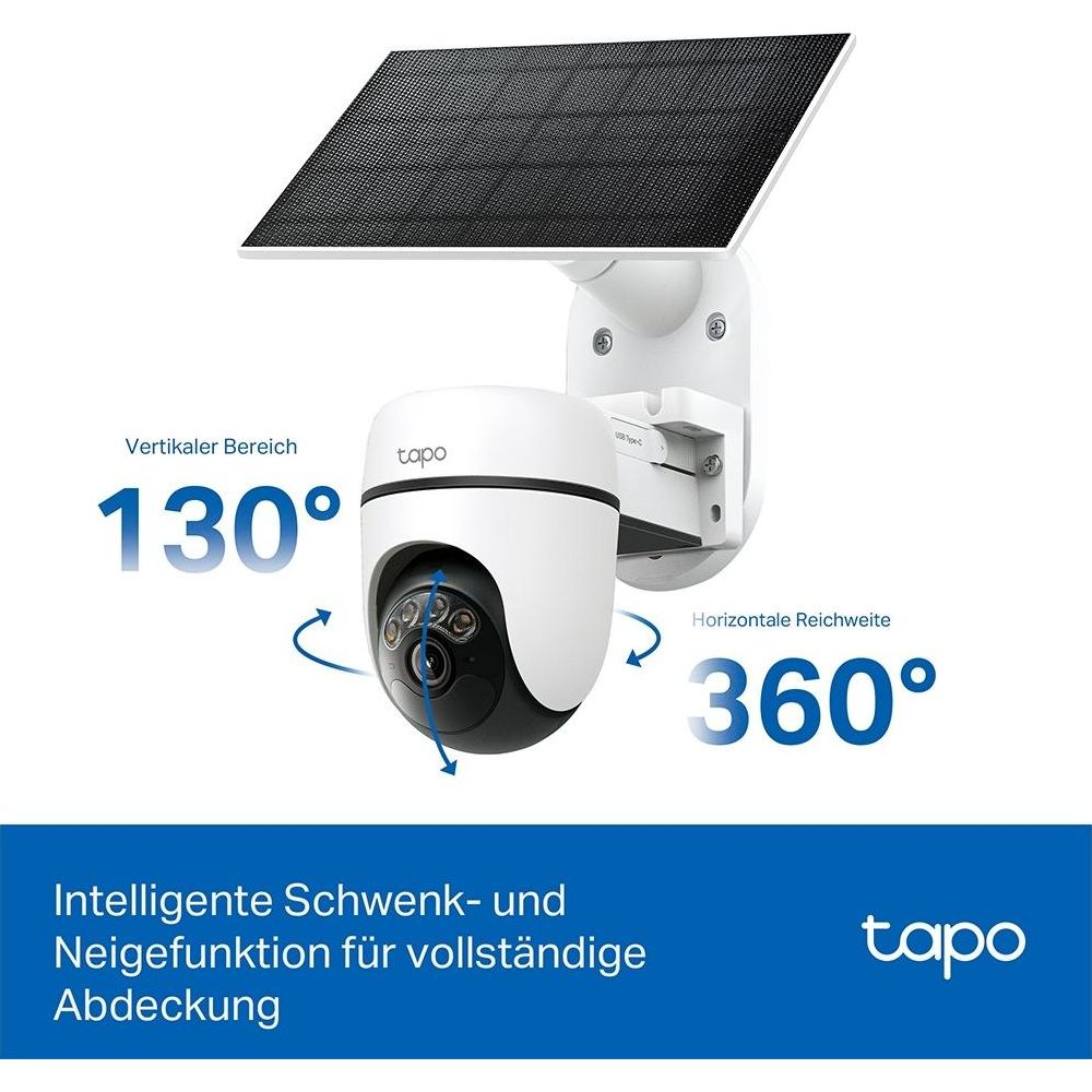 Ein weißer Überwachungskamera mit Solarpanel. Vertikal 130°, Horizontal 360°.