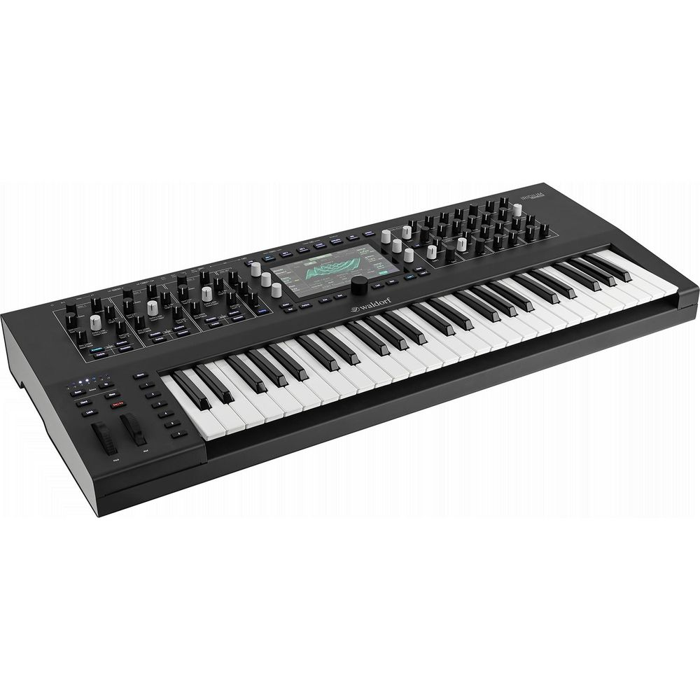 A black Waldorf keyboard with white and black keys and a screen.
