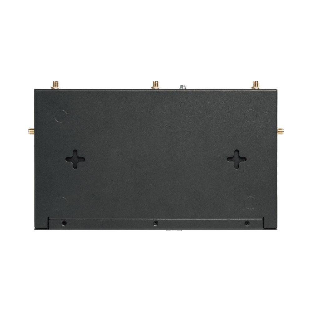 Appareil électronique noir avec ports d'antenne et marques en croix.