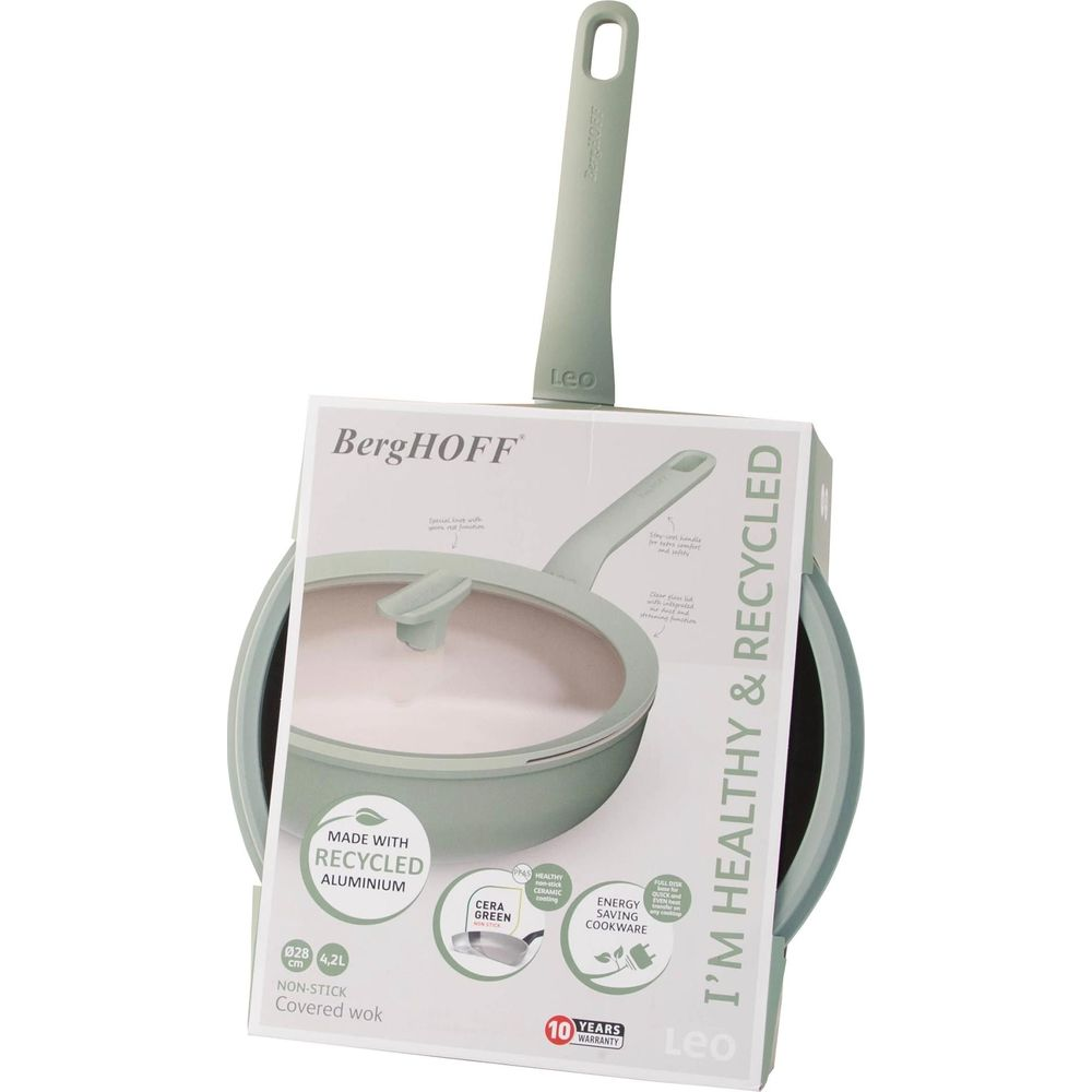 A light green BergHOFF non-stick covered wok with a glass lid and handle.