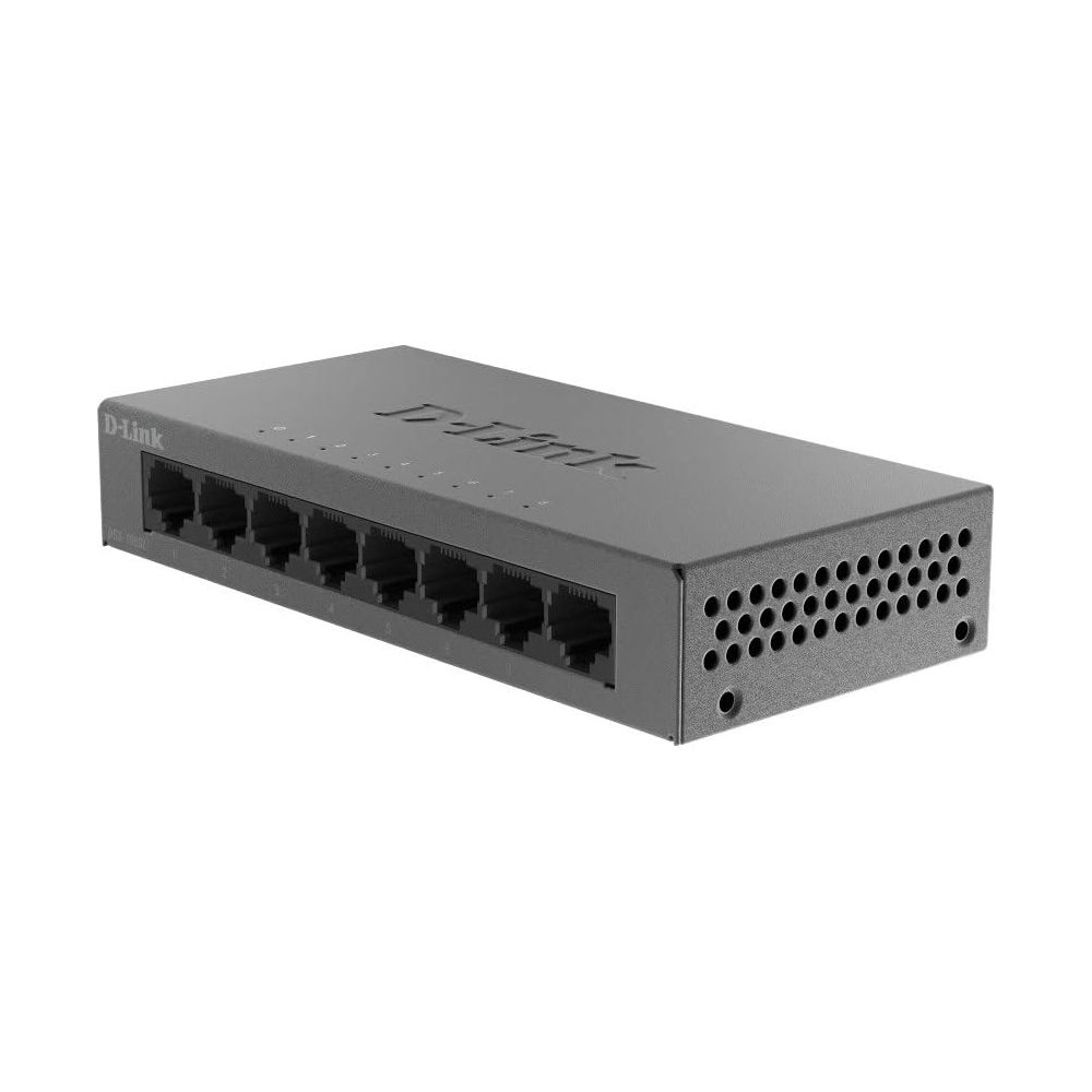 Ein grauer D-Link Netzwerk-Switch mit acht Anschlüssen und Lüftungsschlitzen.