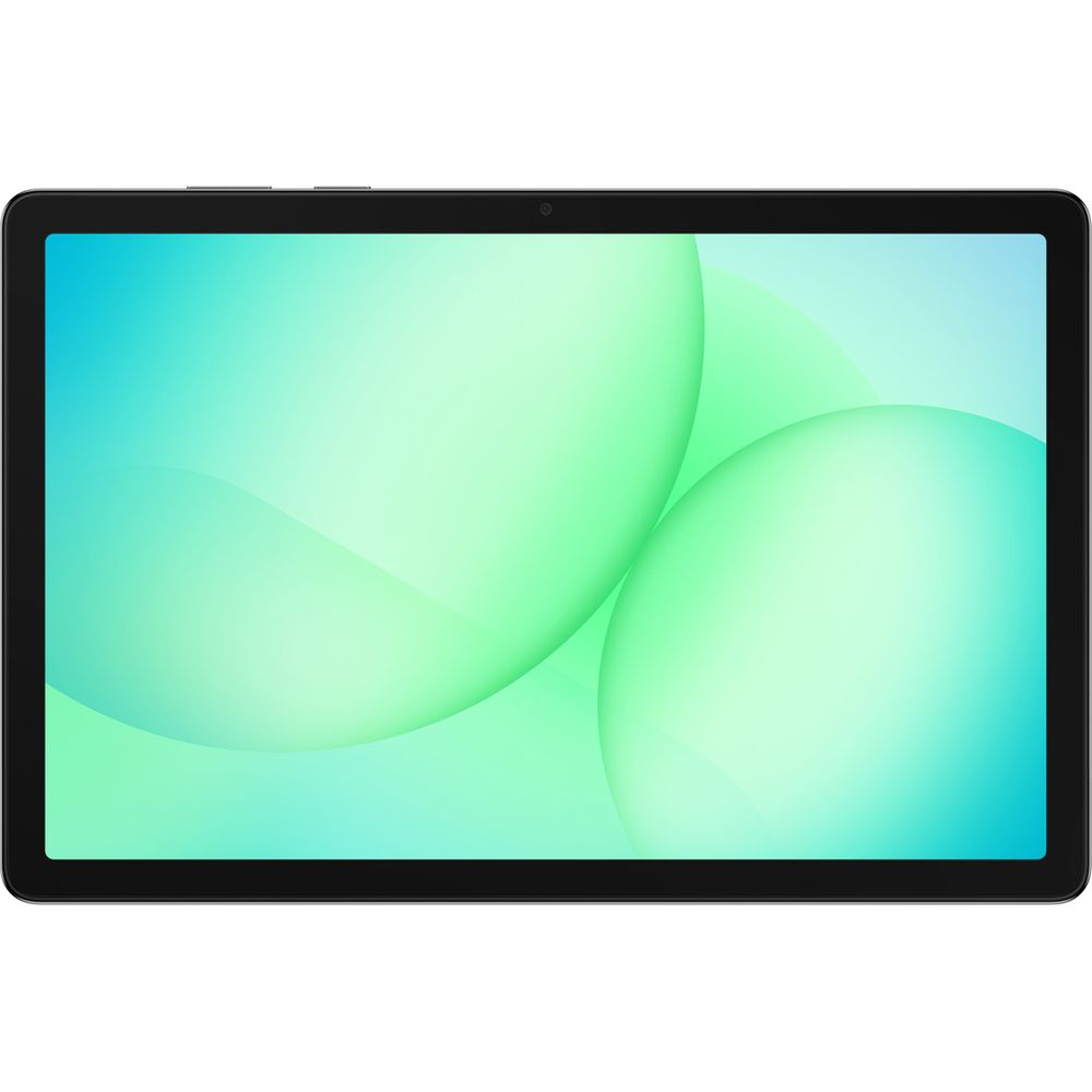 Un tablet nero che mostra uno schermo con bolle verdi e blu.