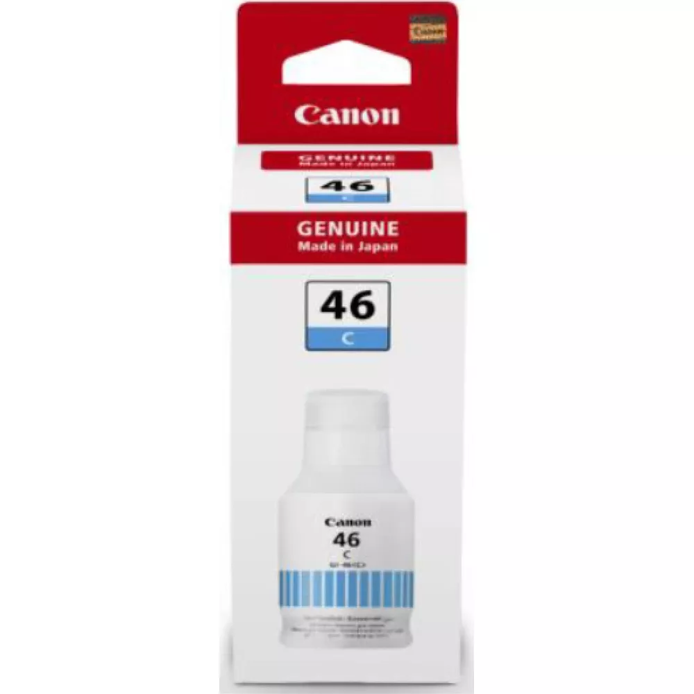 Canon 46 Cyan ink cartridge packaging with ink bottle inside.