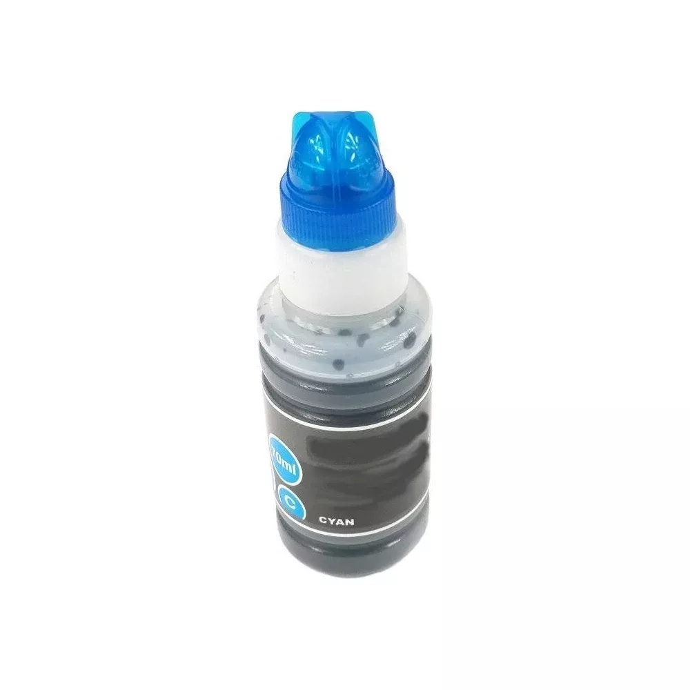 A bottle of cyan ink with a blue cap and white collar.