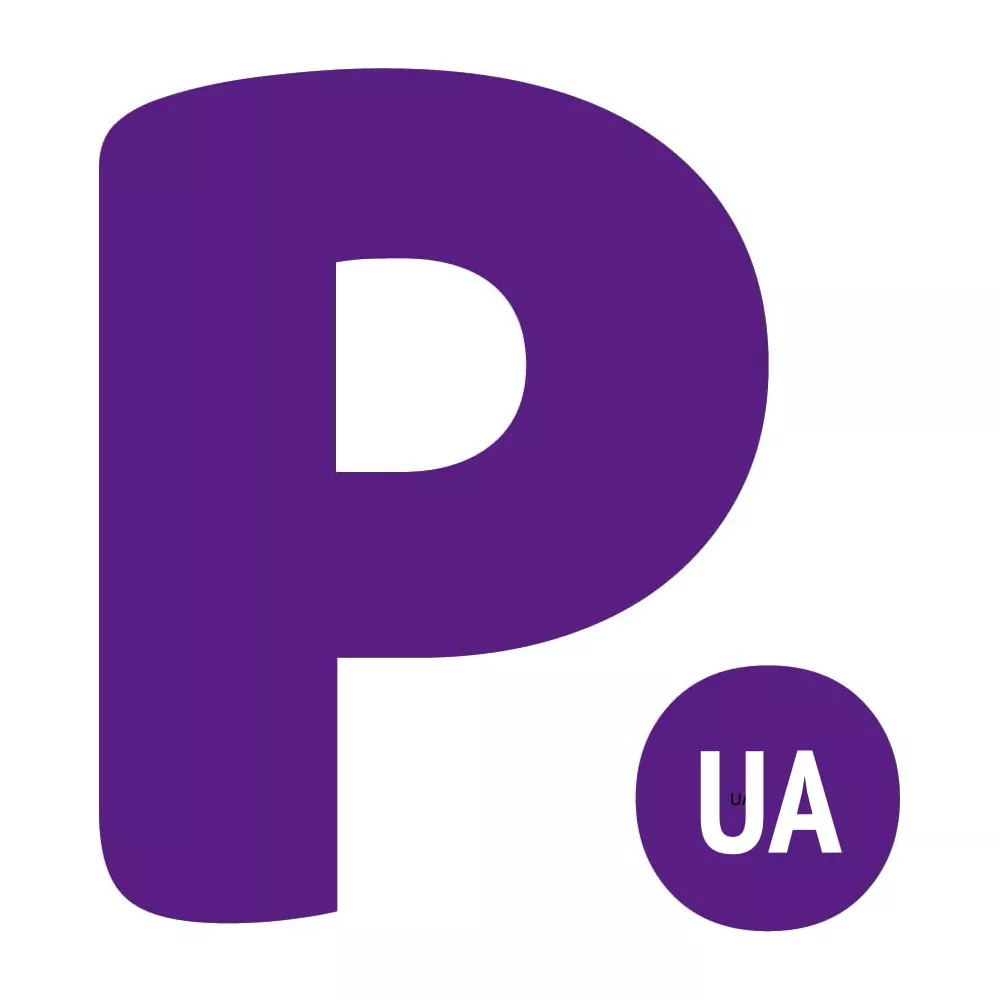 Large purple letter P with a small purple circle containing UA.