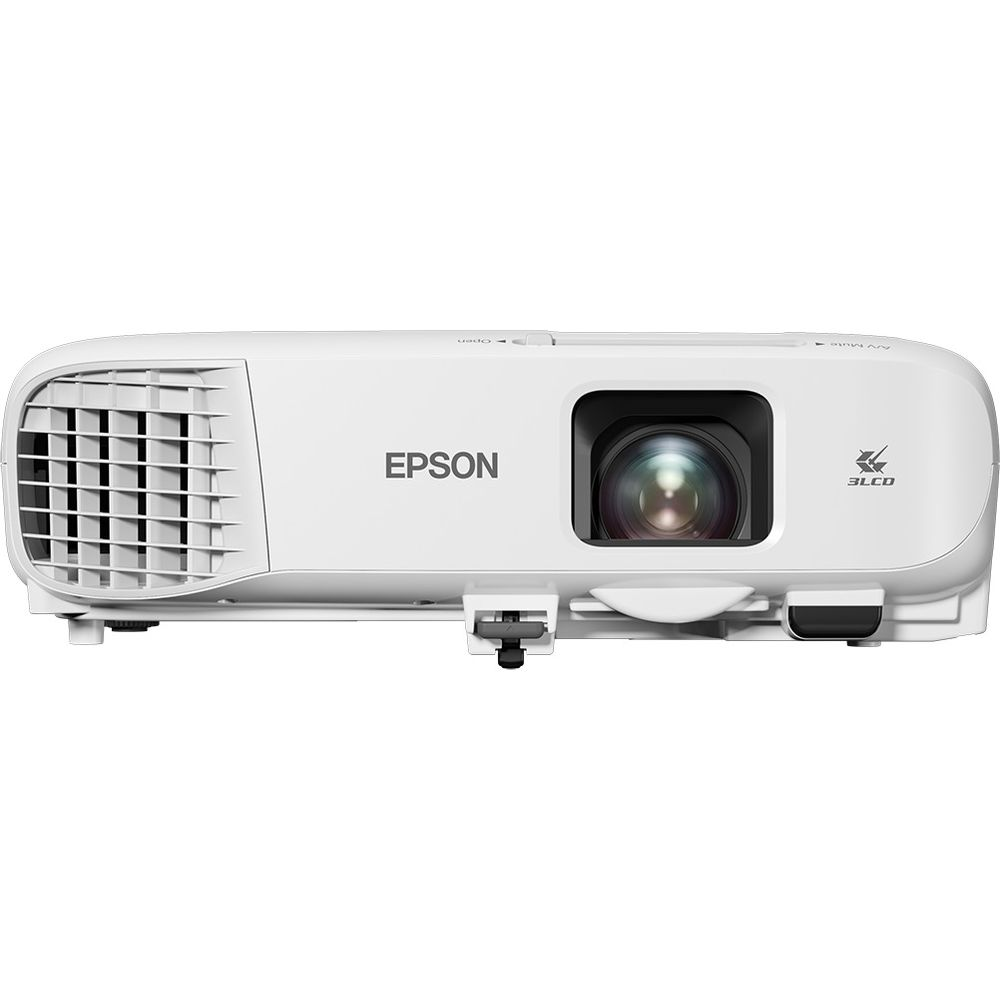 Un projecteur Epson blanc avec objectif et évents. Logo EPSON et 3LCD.