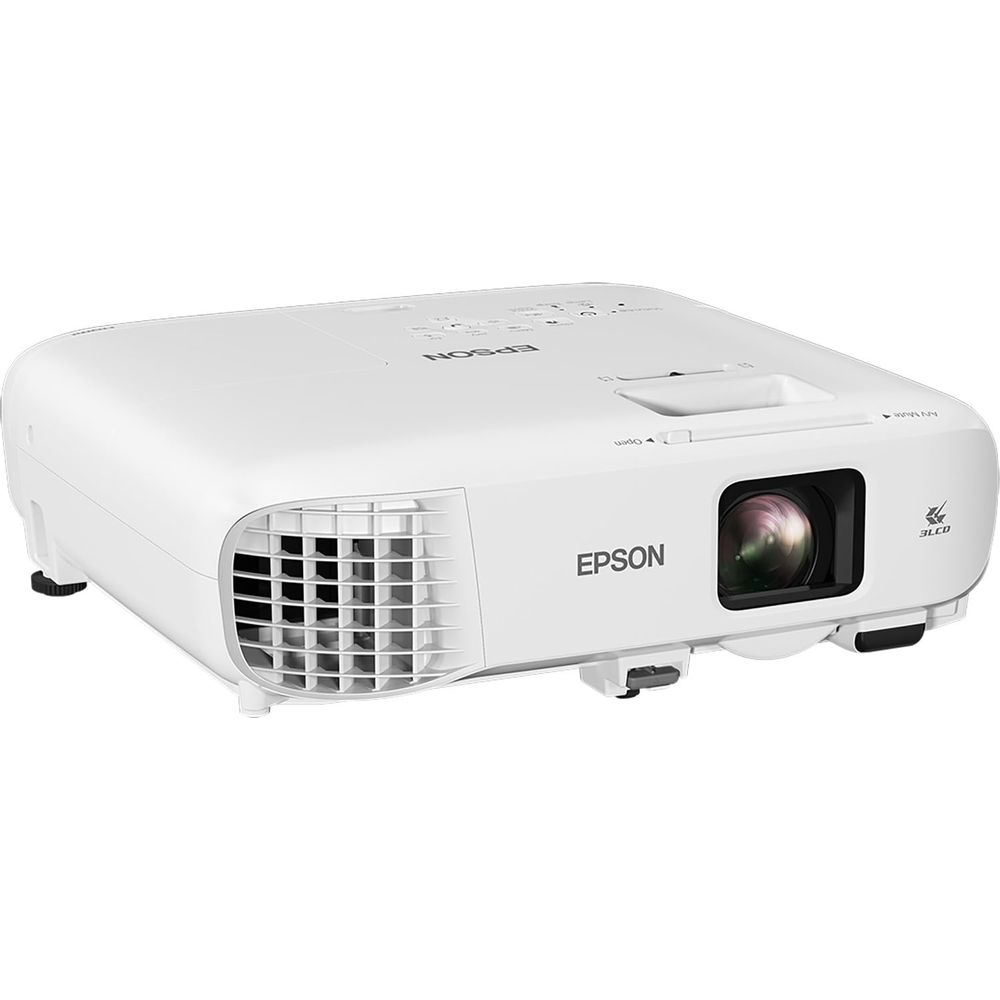 Un projecteur Epson blanc avec objectif, grille de ventilation et logo.