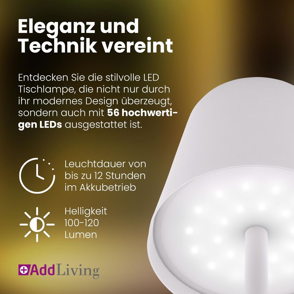 Weiße LED-Tischlampe mit 56 LEDs, 12 Std. Akkulaufzeit, 100-120 Lumen.