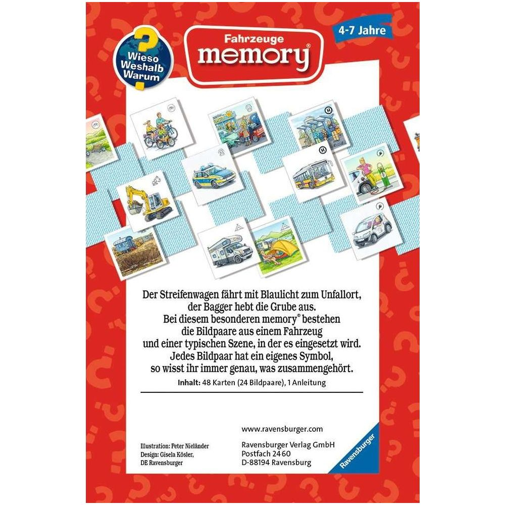 Gioco di memoria sui veicoli per bambini dai 4 ai 7 anni. Mostra vari veicoli e scene.