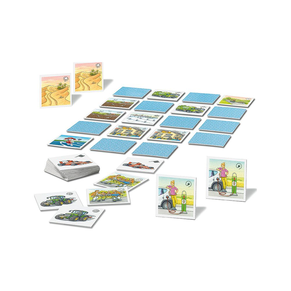 Carte da gioco con veicoli, paesaggi e stazioni di servizio su sfondo bianco.